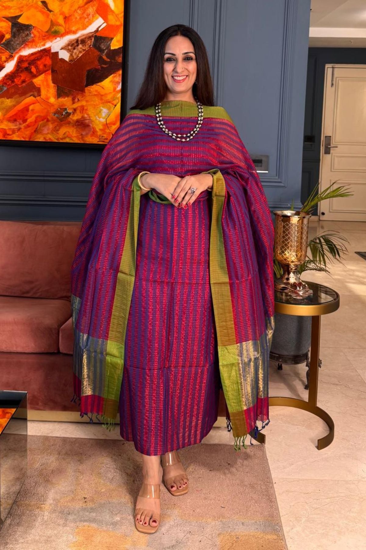 Handwoven Maheshwari silk kurta dupatta set